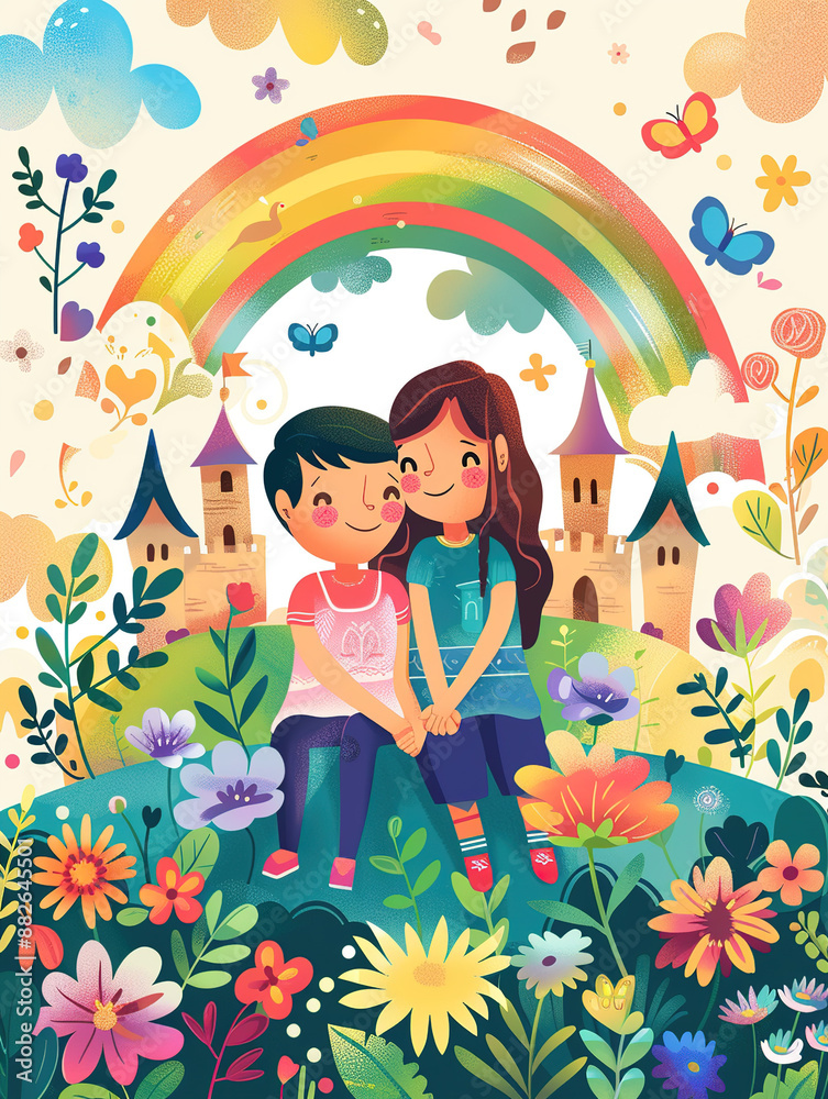Vector Art of Two Friends in a Flowery Paradise, Gazing at a Rainbow with an Ancient Castle in the Background, Flat Style Vector Art of Two Friends in a Flowery Paradise, Gazing at a Rainbow with an Ancient Castle in the Background, Flat Style