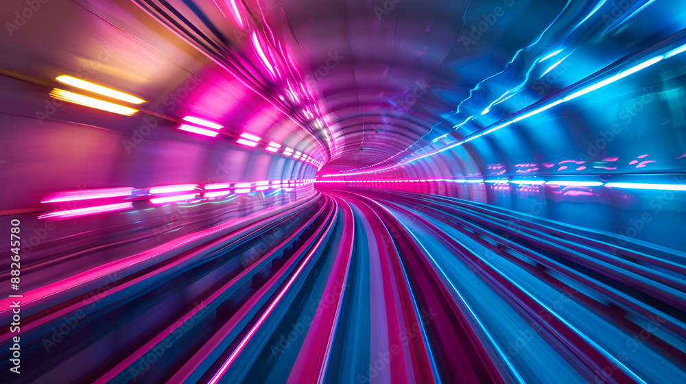 Fast underground subway train racing through the tunnels. Neon pink and blue light
Fast underground subway train racing through the tunnels. Neon pink and blue light