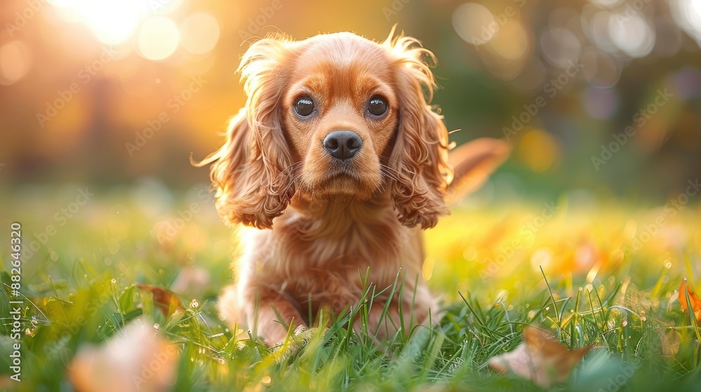 An American Cocker Spaniel sniffing the grass while walking in the park, appearing curious An American Cocker Spaniel sniffing the grass while walking in the park, appearing curious