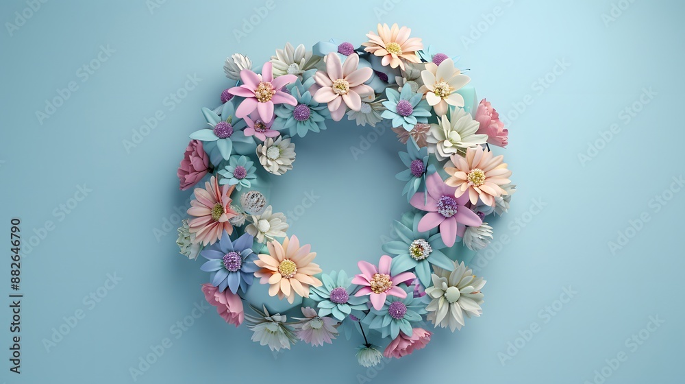 3D render of Festive wreath made of pastel-colored flowers on a pastel blue background. very detailed 3D render of Festive wreath made of pastel-colored flowers on a pastel blue background. very detailed