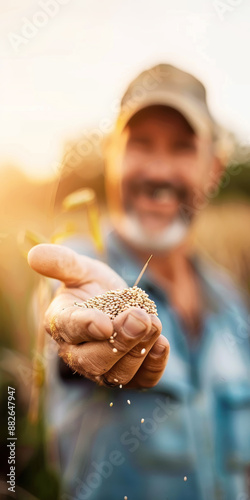 a satisfied farmer standing in a field of grain and holding a cluster of grain and seed in his clammy hand . AI generative.