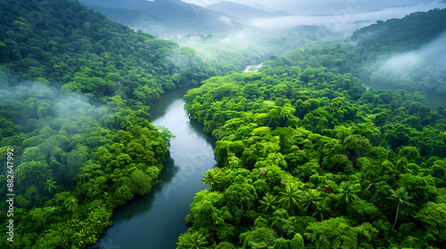 Lush rainforest and rivers in summer, rainforest covered by green trees, beautiful tropical vista landscape, similar to Amazon rainforest, Congo, Southeast Asia, and other regions, 
 photo