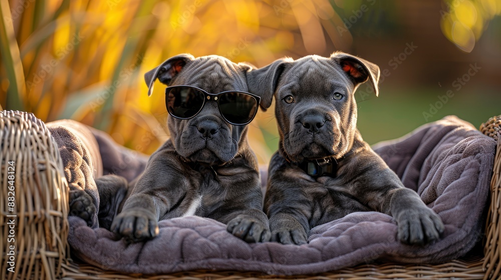 Obraz premium Two cute gray Cane Corso puppies in sunglasses on a purple blanket in a chair in the garden, looking cool and relaxed