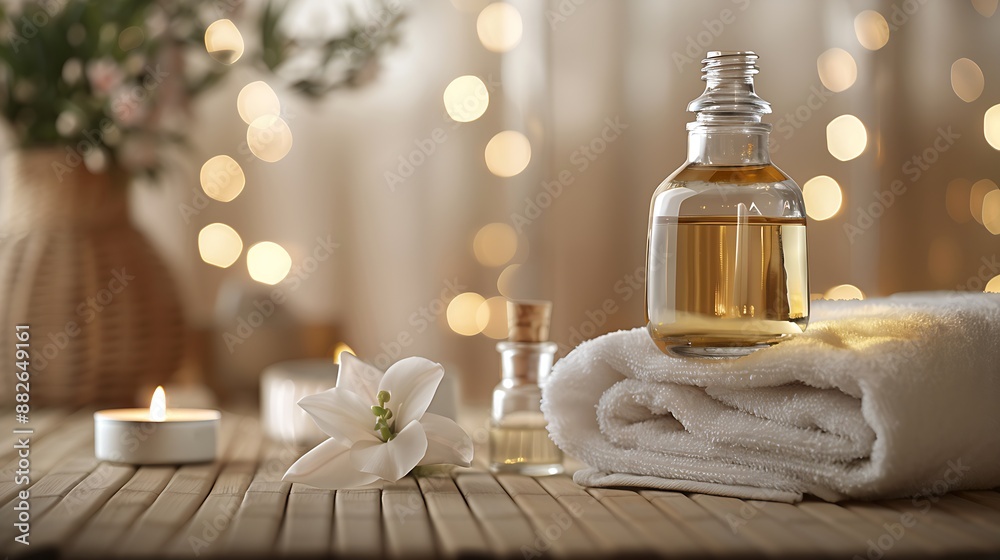 Essential oil bottle with towels and candles on a wooden table, blurred background. Spa theme, copy space Essential oil bottle with towels and candles on a wooden table, blurred background. Spa theme, copy space