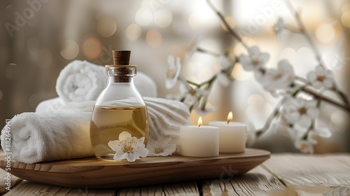 Essential oil bottle with towels and candles on a wooden table, blurred background. Spa theme, copy space