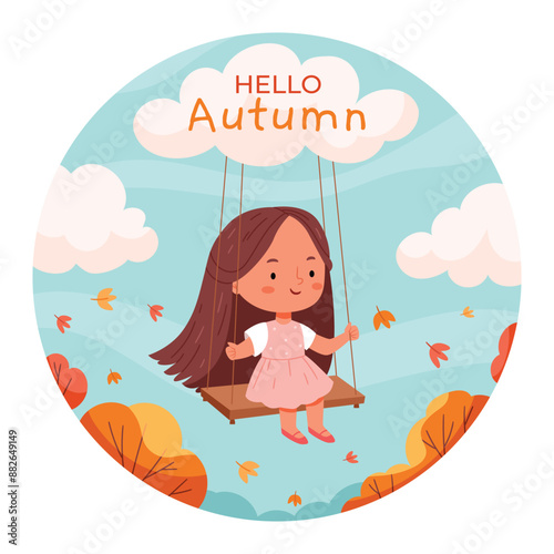 A girl on a swing among autumn trees. Autumn card.Funny female kid playing outdoor among fall leaves. Happy cartoon child, children activity leisure. Hand drawn vector illustration, flat design.