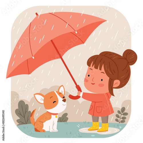 A girl with a dog under an umbrella.Protect pet from autumn rain.Vector illustration. Isolated on white background.