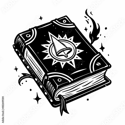 Stylized Illustration of a Vintage Book with Magical Symbols and Stars
