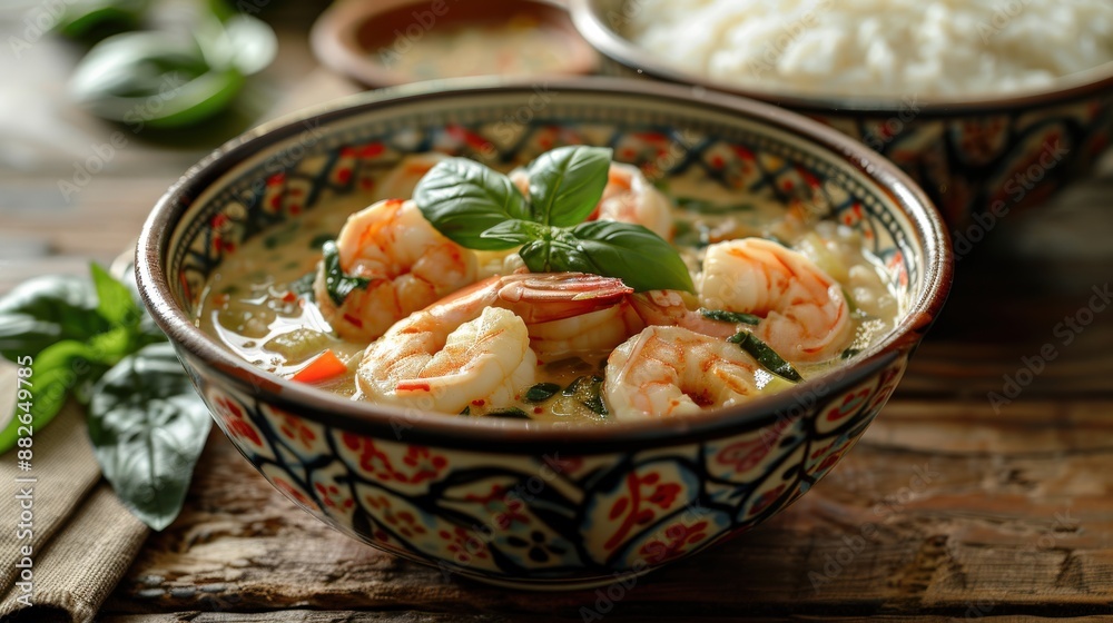 Detailed shot of Green Curry with shrimp, highlighting plump shrimp, bamboo shoots, and sweet Thai basil leaves in a rich and aromatic coconut milk-based curry sauce, served in an intricately Detailed shot of Green Curry with shrimp, highlighting plump shrimp, bamboo shoots, and sweet Thai basil leaves in a rich and aromatic coconut milk-based curry sauce, served in an intricately