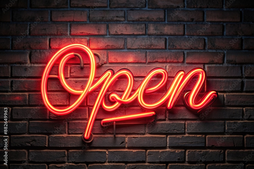 Obraz premium Vibrant red open neon sign with elegant cursive script and subtle glow, mounted on a dark brick wall, exuding warmth and sophistication in a nighttime atmosphere.