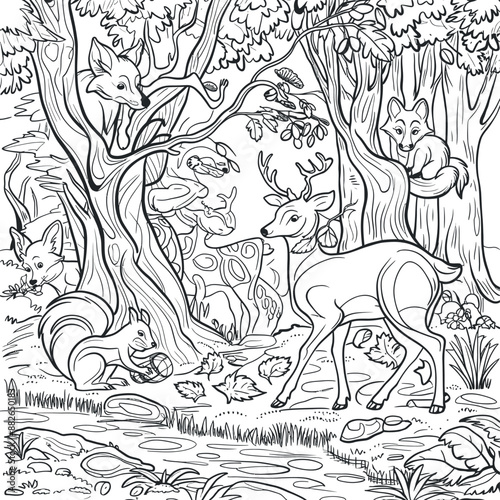 Animals in forest coloring page photo