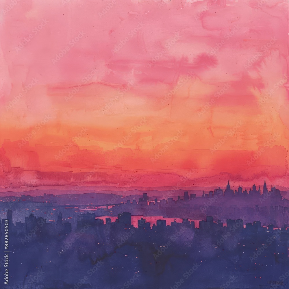 Obraz premium Vibrant watercolor cityscape with a breathtaking sunset, showcasing vivid pink and orange skies over a silhouetted skyline.