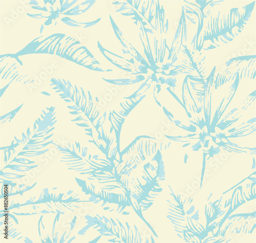 Seamless Digita l print Pattern with Flowers Watercolor Stock Illustration, Tropical leafs and birds, floral fabric, vintage flower and leafs print