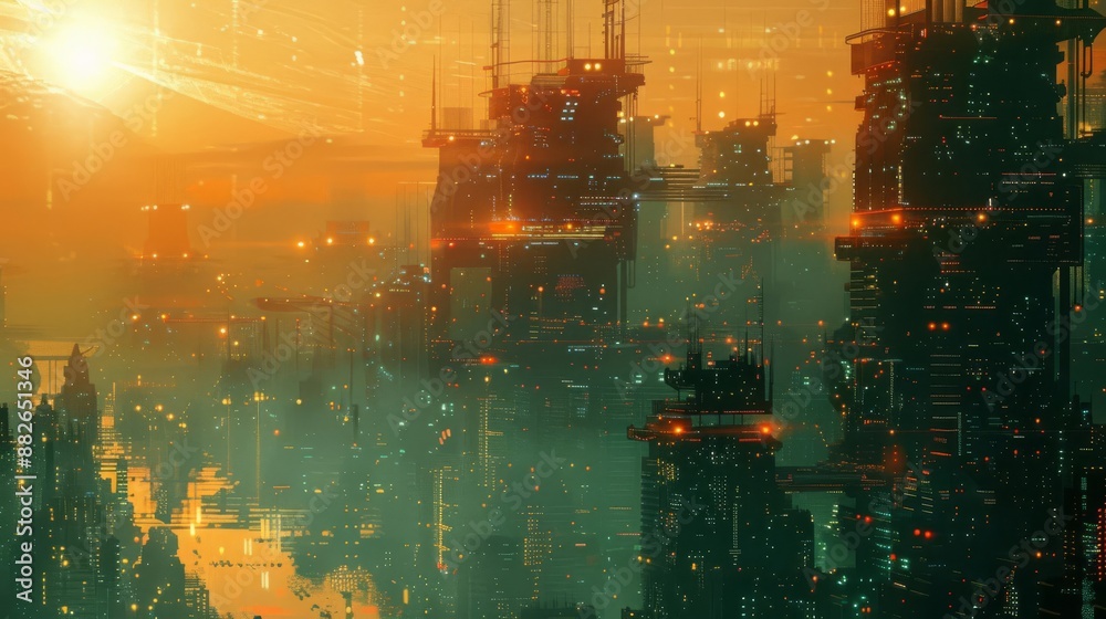 Fototapeta premium Futuristic cityscape with glowing lights, towering buildings, and a sunset backdrop, creating a cyberpunk atmosphere.
