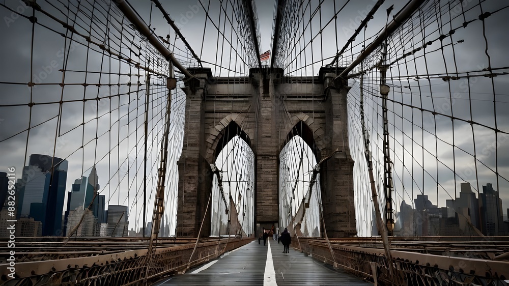 Fototapeta premium a mesmerizing photograph of the Brooklyn Bridge's intricate metal frame, capturing only the lattice-like structure in exquisite detail, set against a dull, overcast sky Generative AI