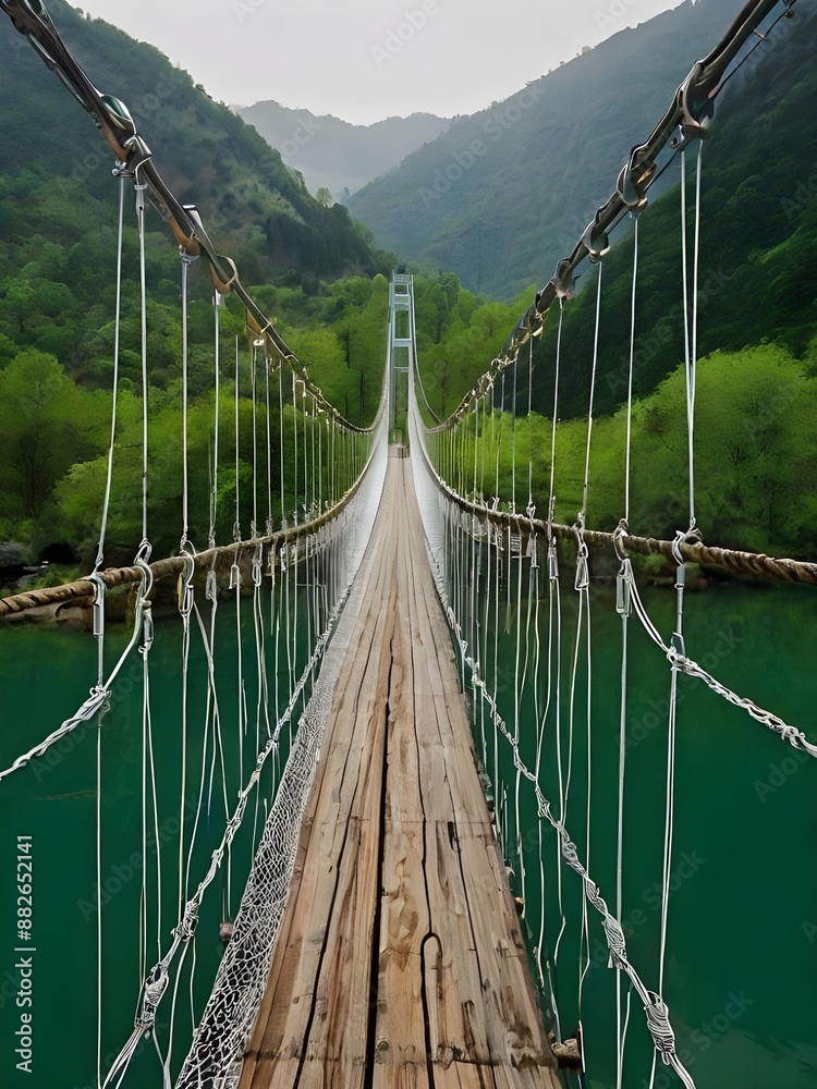 Obraz premium A suspension bridge between the mountains is picturesque prints on the place bright green color if nature wet with dew drops Generative AI