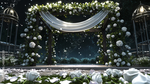 Elegant wedding ceremony hall decorated with white flowers and sparkling lights photo