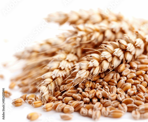 pile of wheat grains on the table against a white background. AI generative.