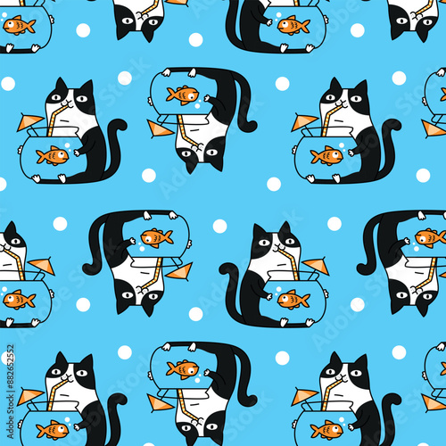 CUTE BLACK CAT IS DRINKING WATER FROM A VAS PATTERN DESIGN