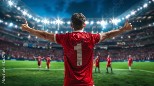 Football player wearing a red shirt Illuminated by spotlights, arms raised, thumbs up on both hands, (awesome) pose, the player's back view emphasizes success and victory.