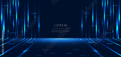 Abstract scene elegant blue light lines on dark background with lighting effect and sparkle.