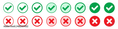 Right or wrong icons. Green tick and red cross checkmarks. Yes or no symbol, approved or rejected icon for user interface.