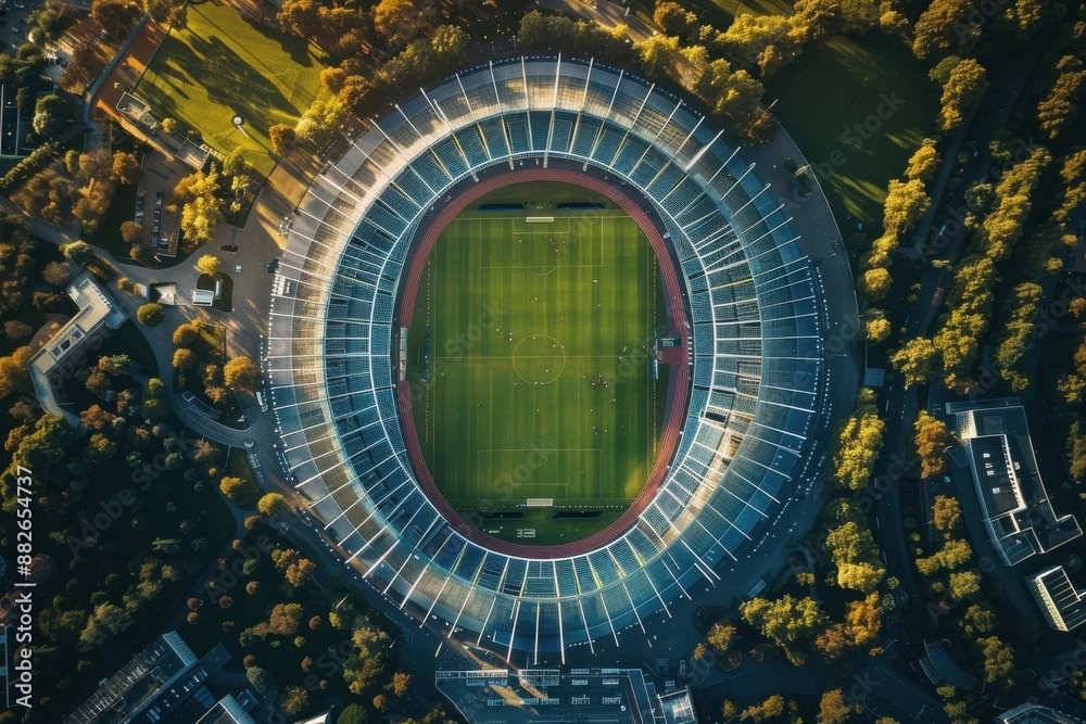 Aerial view of a modern stadium surrounded by greenery. Aerial view of a modern stadium surrounded by greenery.