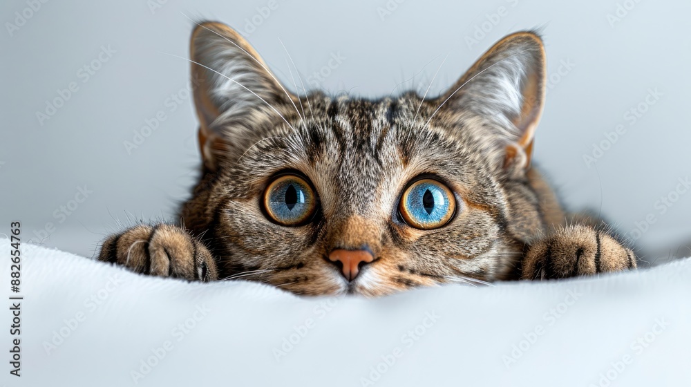 A mongrel tabby cat peeking out from behind a white surface, looking curious A mongrel tabby cat peeking out from behind a white surface, looking curious