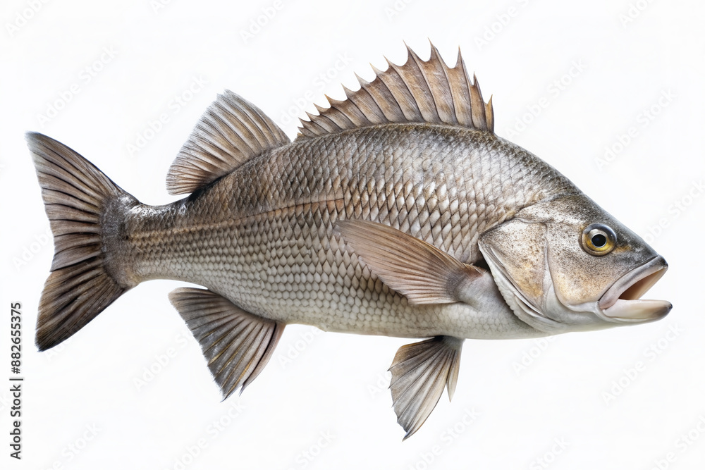 Freshly caught black drum fish with sleek gray scales and vibrant fins lies isolated on a clean white background, highlighting its striking aquatic features. Freshly caught black drum fish with sleek gray scales and vibrant fins lies isolated on a clean white background, highlighting its striking aquatic features.