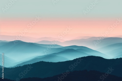 Serene landscape of layered mountains in shades of blue and pink.