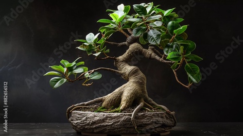 Ficus tigerbark bonsai isolated on dark background (Ficus microcarpa) which is very beautiful