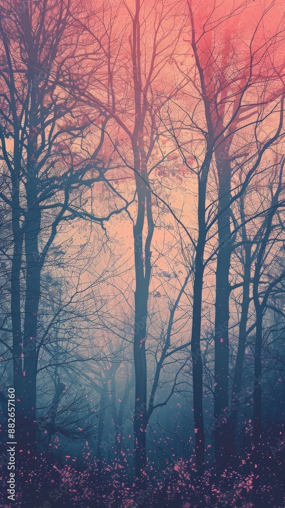 Naklejka premium A misty forest glows with ethereal light