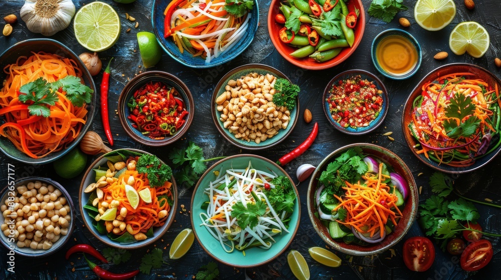 Overhead shot of Thai Papaya Salad variations including classic, vegetarian, and seafood options, served in colorful Thai serving dishes with traditional Thai garnishes and condiments, accompanied by Overhead shot of Thai Papaya Salad variations including classic, vegetarian, and seafood options, served in colorful Thai serving dishes with traditional Thai garnishes and condiments, accompanied by