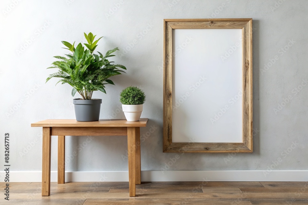 A rustic wooden frame adorns a crisp white wall, offset by a lush green potted plant sitting on a minimalist side table, exuding calmness. A rustic wooden frame adorns a crisp white wall, offset by a lush green potted plant sitting on a minimalist side table, exuding calmness.