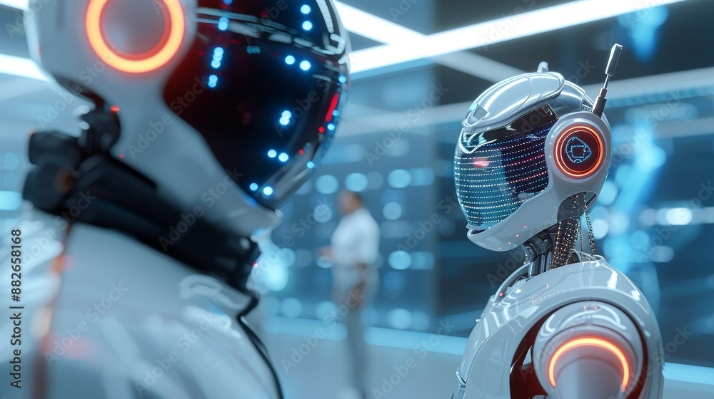 Collaborative future: Robots and humans in a high-tech environment with dazzling lights. Illustration, Image, , Minimalism, Collaborative future: Robots and humans in a high-tech environment with dazzling lights. Illustration, Image, , Minimalism,