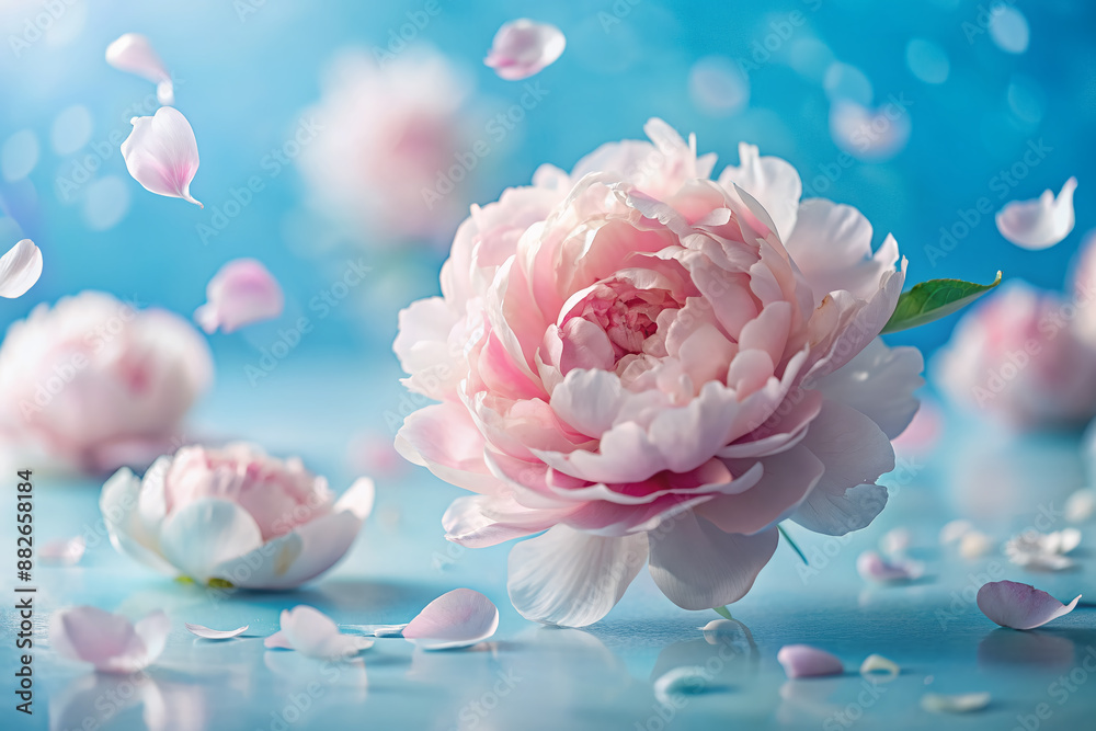Softly focused peony petals gently fall on a serene blue background, creating a dreamy and ethereal atmosphere in this intimate flower close-up photography. Softly focused peony petals gently fall on a serene blue background, creating a dreamy and ethereal atmosphere in this intimate flower close-up photography.