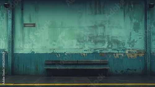 An old, forgotten train station platform with a single, worn bench