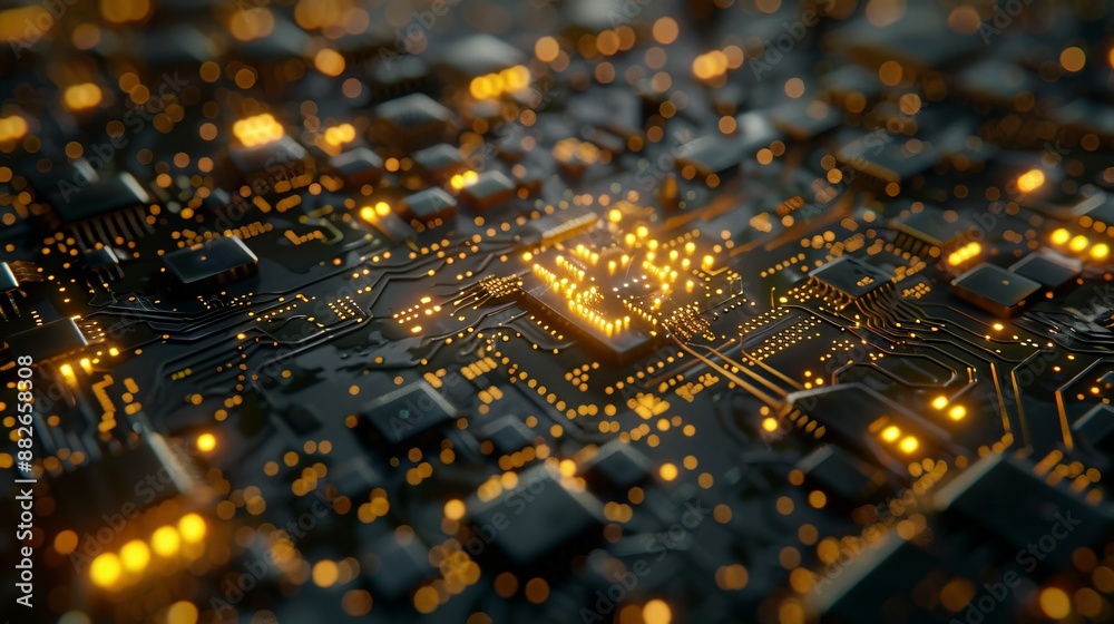 A close-up of a digital chip surrounded by fine electronic pathways. A close-up of a digital chip surrounded by fine electronic pathways.