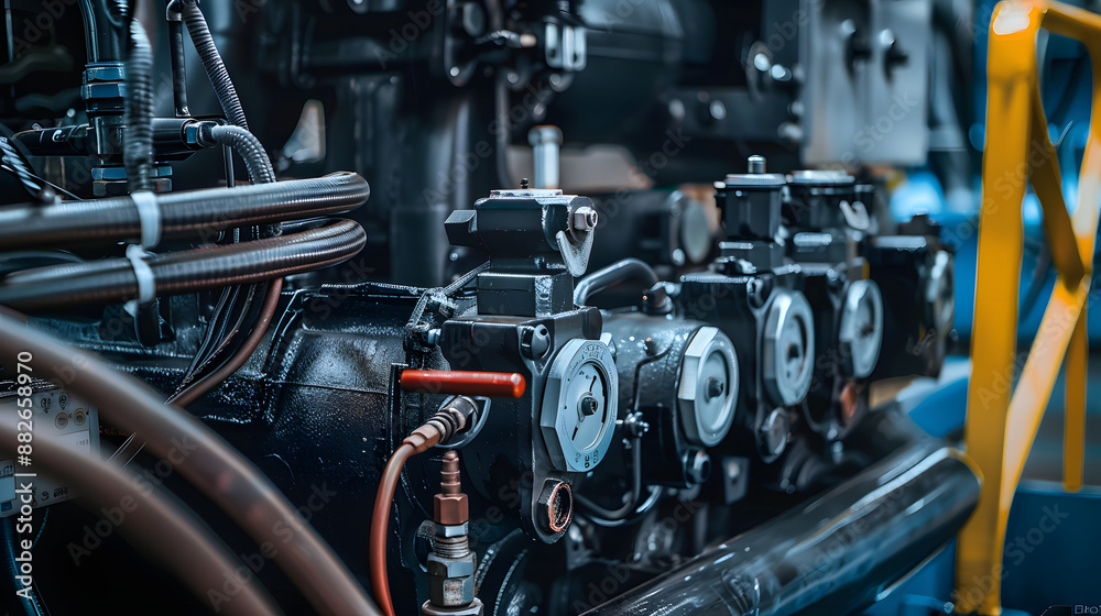 Fototapeta premium Part of a hydraulic industrial machine, control levers of a hydraulic machine, industrial concept