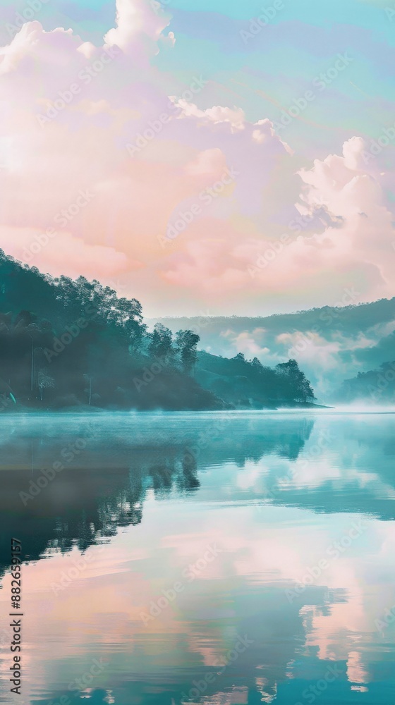 A misty morning with the sun reflecting off a calm lake A misty morning with the sun reflecting off a calm lake