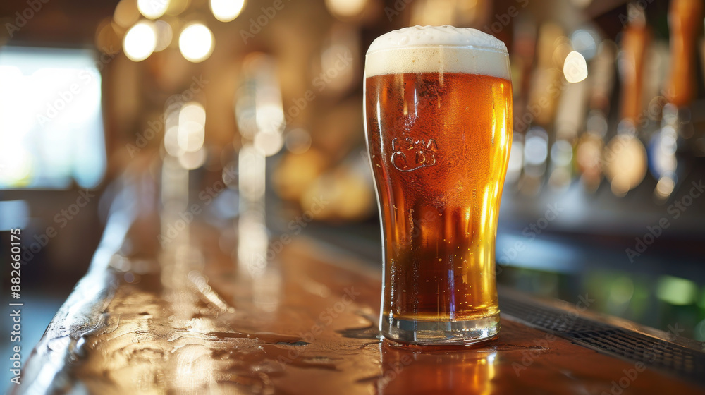 A chilled glass of craft beer with a thick, foamy head, sitting on a bar counter A chilled glass of craft beer with a thick, foamy head, sitting on a bar counter