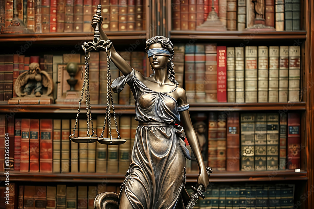 Fototapeta premium Mannequin of Lady Justice with blindfold, scales, and gavel in a law library, symbolizing impartiality and justice