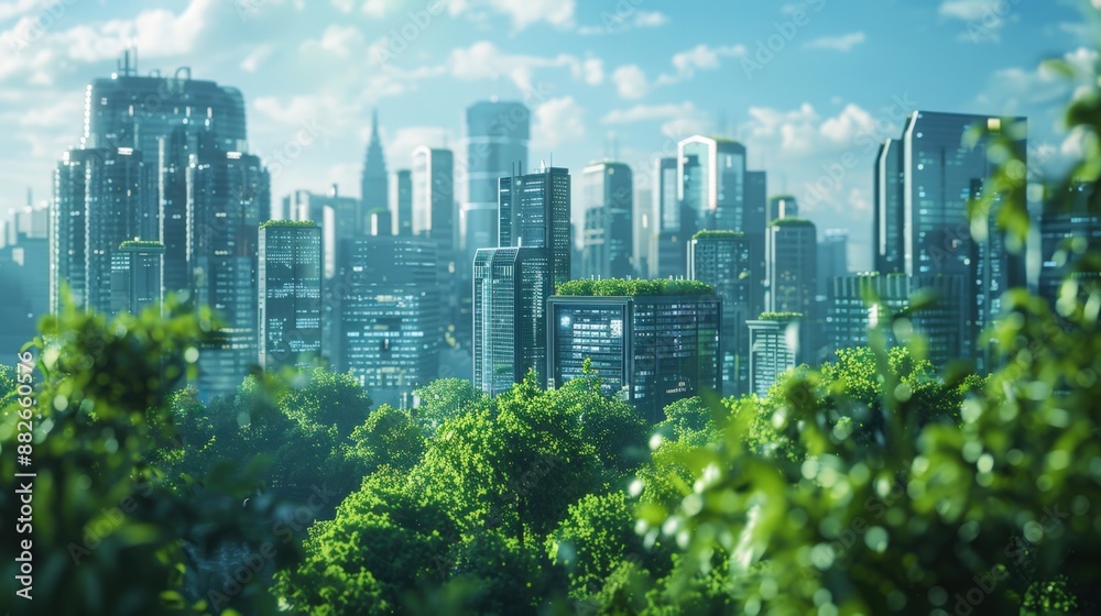 Futuristic Eco-Friendly Cityscape with Skyscrapers and Lush Greenery Under a Clear Blue Sky Futuristic Eco-Friendly Cityscape with Skyscrapers and Lush Greenery Under a Clear Blue Sky