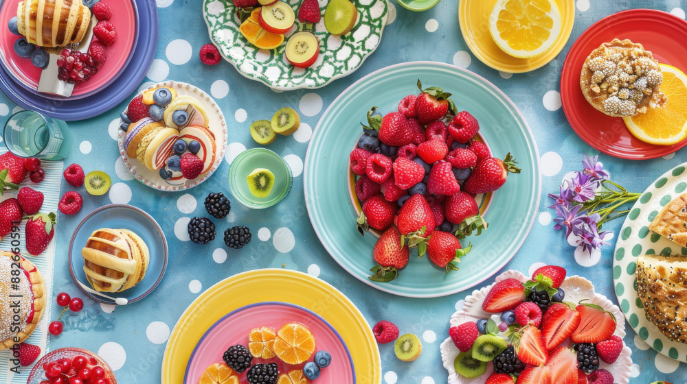 A colorful brunch table with vibrant plates, fresh fruit, and a variety of pastries arranged beautifully A colorful brunch table with vibrant plates, fresh fruit, and a variety of pastries arranged beautifully
