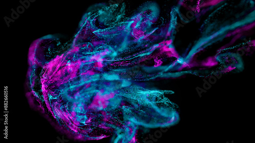 Abstract liquid Blue Purple Shiny Blurry Focus Flowing Fluid Glitter Particles Effect on Black Background