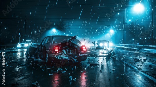 view of a catastrophic car accident on a dark road at night, with flashing lights and wrecked vehicles