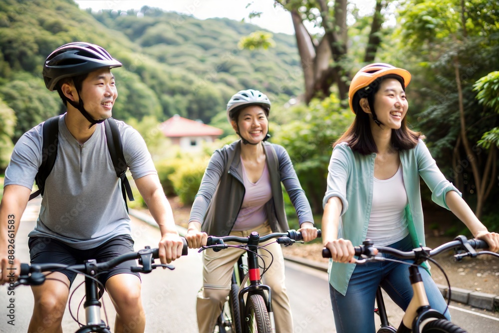 Obraz premium Asian Friends Cycling and Enjoying Nature 