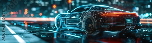 Futuristic Sports Car with Digital Wireframe Design on Neon-Lit City Street at Night