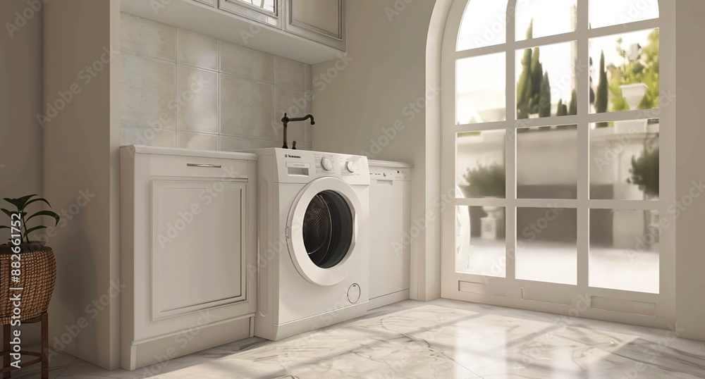 Modern Laundry Room with White Appliances and a View