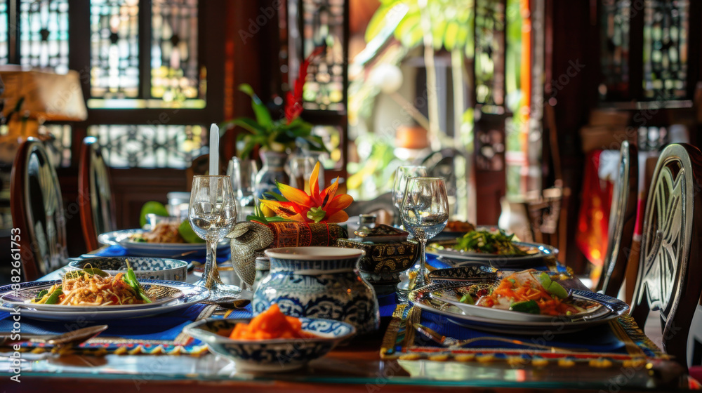 A dining table set for a traditional Thai meal, with colorful dishes, intricate table settings, and a welcoming atmosphere A dining table set for a traditional Thai meal, with colorful dishes, intricate table settings, and a welcoming atmosphere